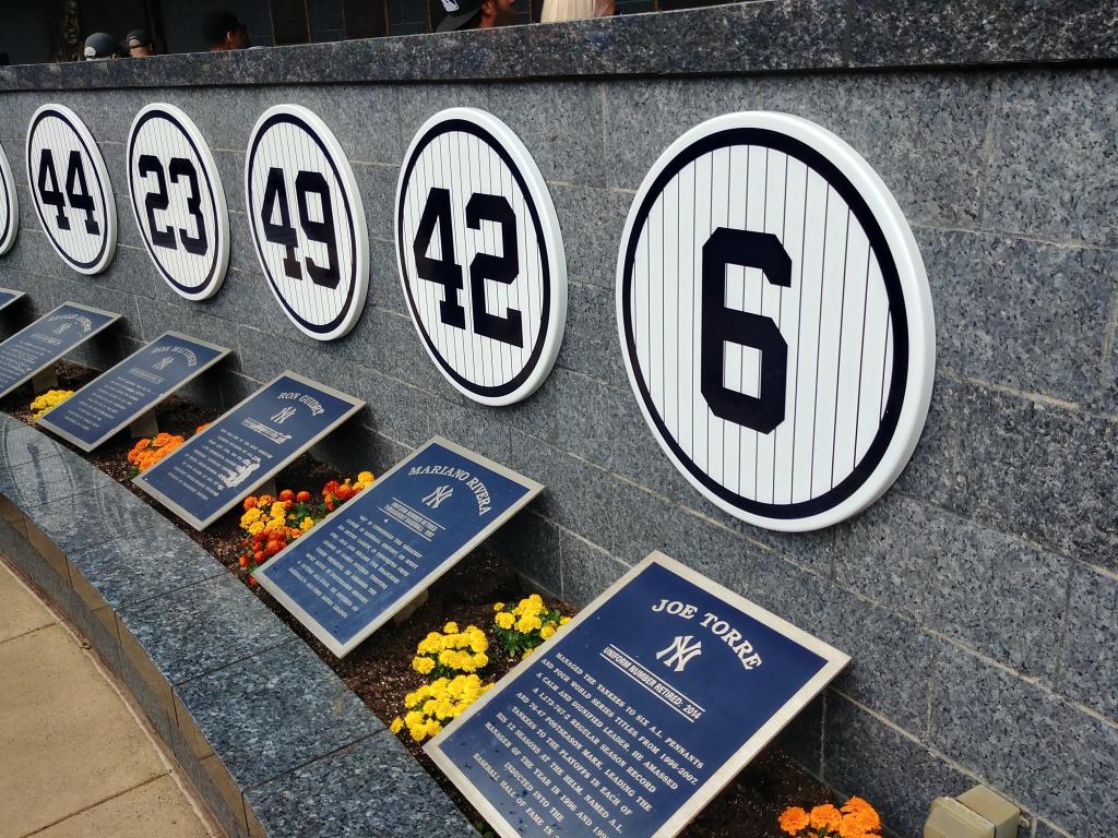 Retired numbers and plaques at Monument Park in Yankee Stadium