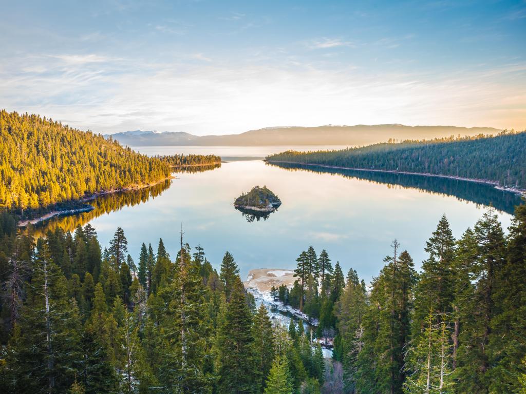 Emerald Bay of Lake Tahoe during a bright and beautiful sunset