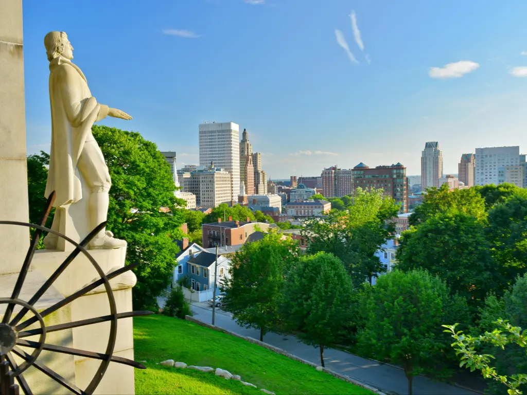 Prospect Terrace Park view of the Providence skyline and Roger Williams statue, Providence, Rhode Island, USA