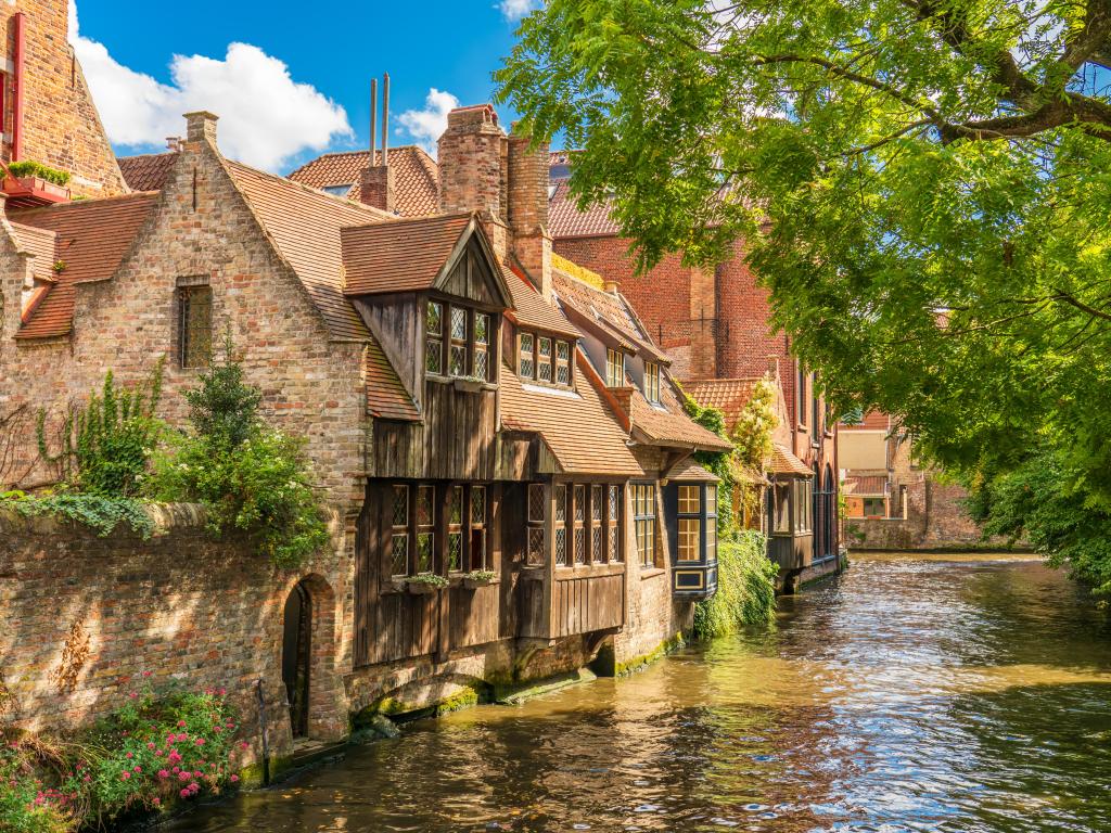 Classic view of the historic city center of Bruges (Brugge), West Flanders province, Belgium. Cityscape of Bruges. Architecture and landmark of Bruges