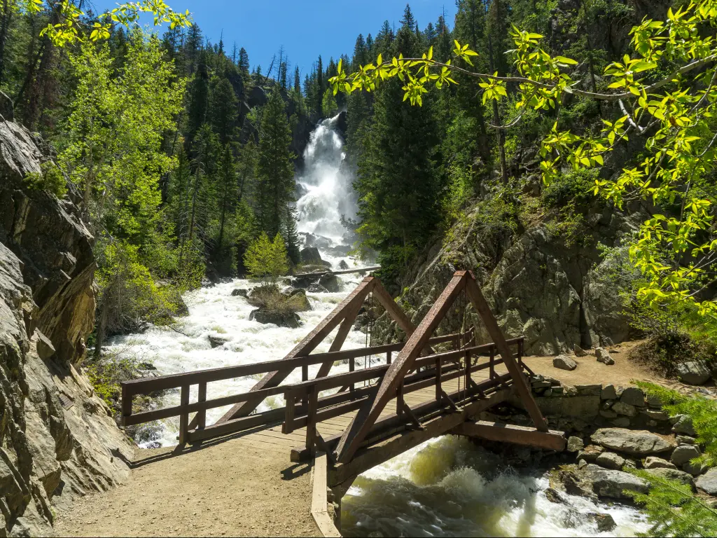 A bridge over the white water of Fish Creek Falls near Steamboat Springs, Colorado