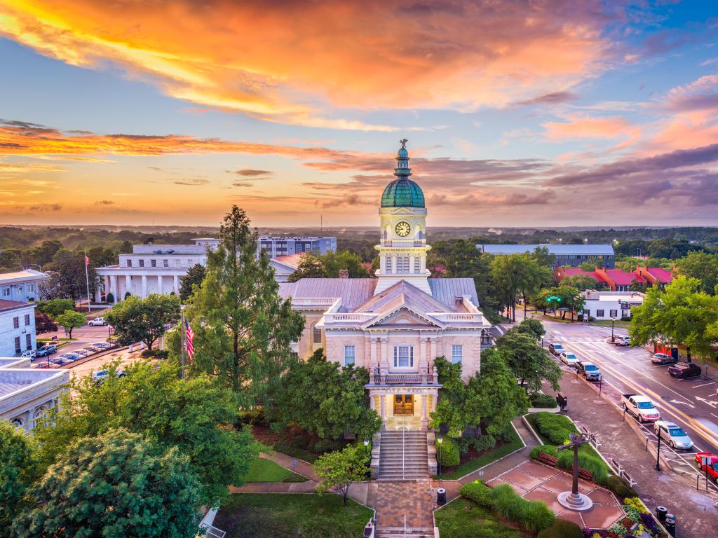 Athens, Georgia, USA downtown cityscape with a stunning sunset.