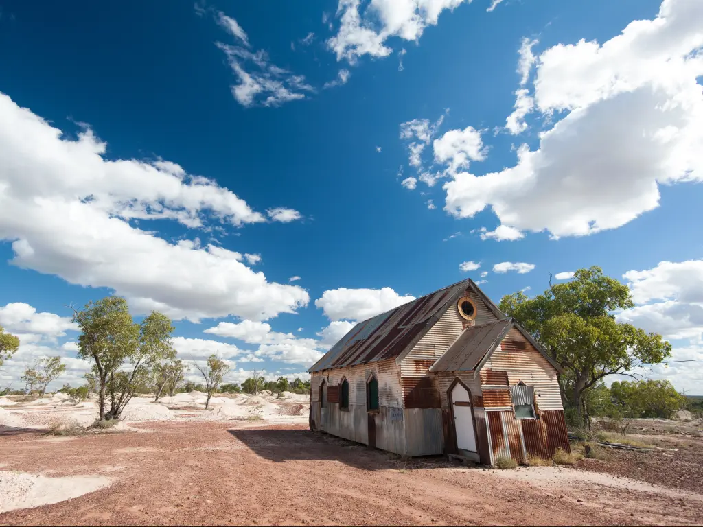 The rusty old church is one of the iconic sights in Lightning Ridge on a road trip from Sydney.