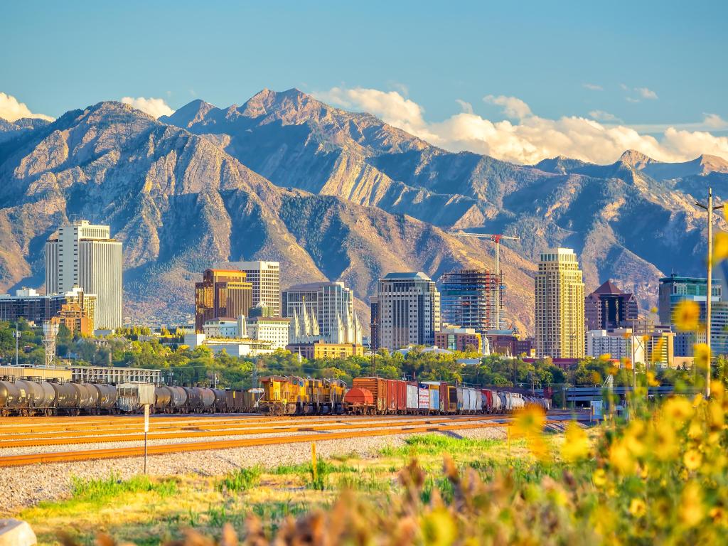 Downtown Salt Lake City skyline cityscape of Utah in USA at sunset.