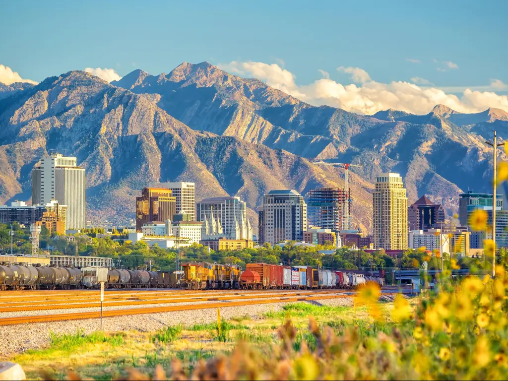 Downtown Salt Lake City skyline cityscape of Utah in USA at sunset.