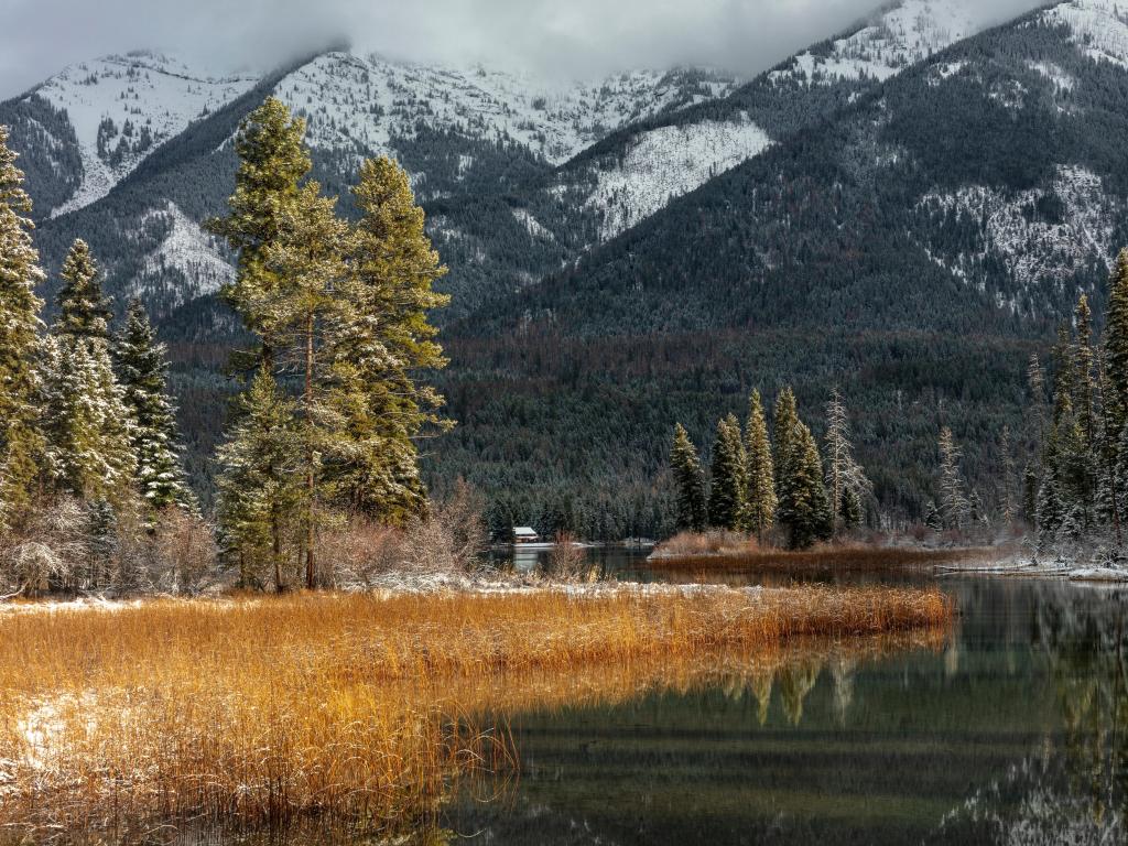 Flathead National Forest, Montana, USA taken during early winter with snow along Holland Lake in the Flathead National Forest.