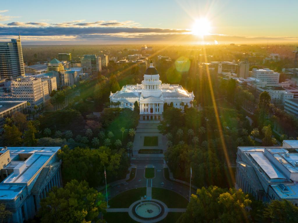 Sacramento, California, USA with the California State Capitol Building and downtown Sacramento during Sunrise taken as an aerial drone view.