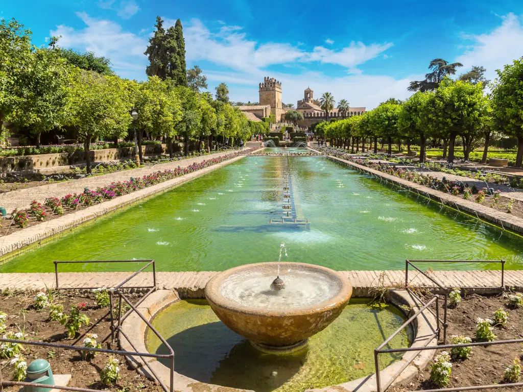 Fountain and gardens of the Alcazar de los Reyes Cristianos in Cordoba, Spain