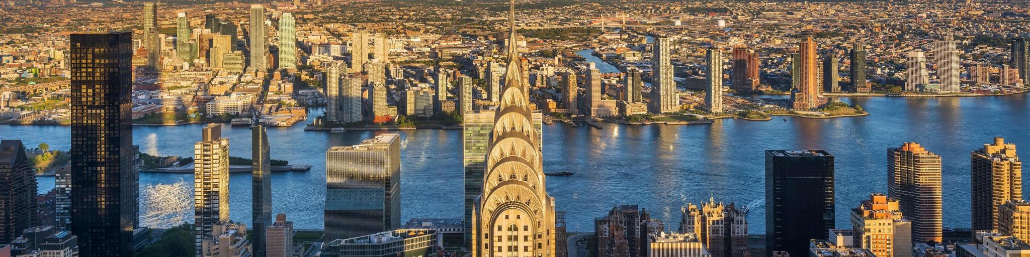 Aerial view of the Chrysler Building at sunset, New York