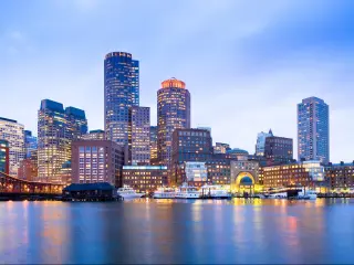 Financial District Skyline and Harbour at Dusk, Boston, Massachusetts, USA