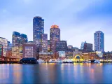 Financial District Skyline and Harbour at Dusk, Boston, Massachusetts, USA