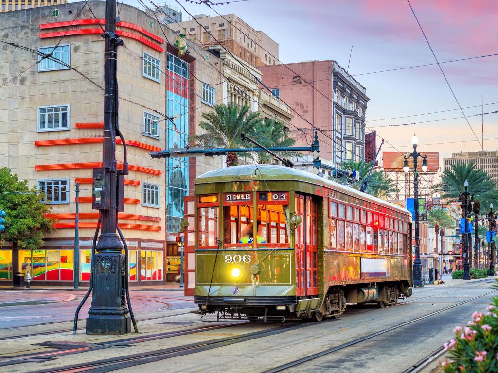 Streetcar in downtown New Orleans, USA at twilight