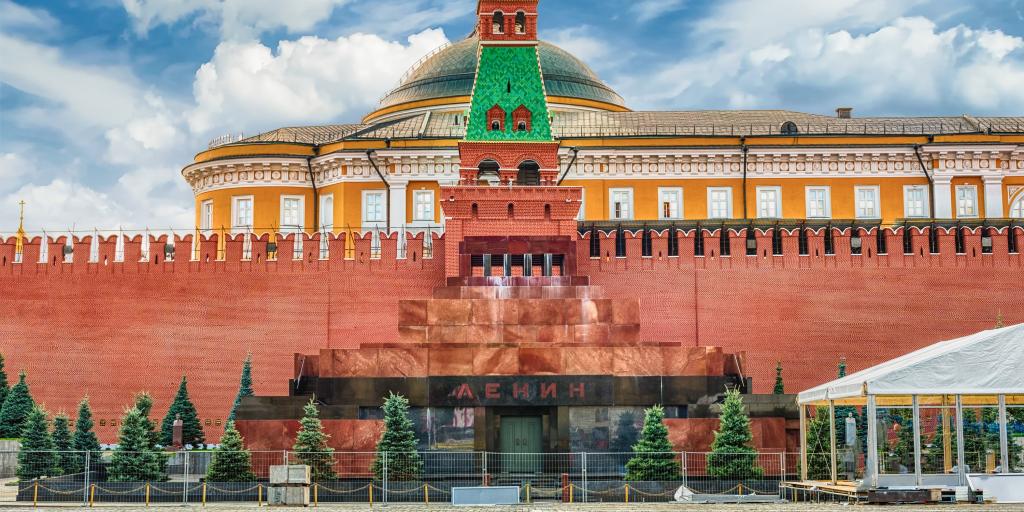 The red and black exterior of Lenin's Mausoleum, Moscow, which is shaped like a pyramid