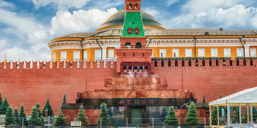 The red and black exterior of Lenin's Mausoleum, Moscow, which is shaped like a pyramid