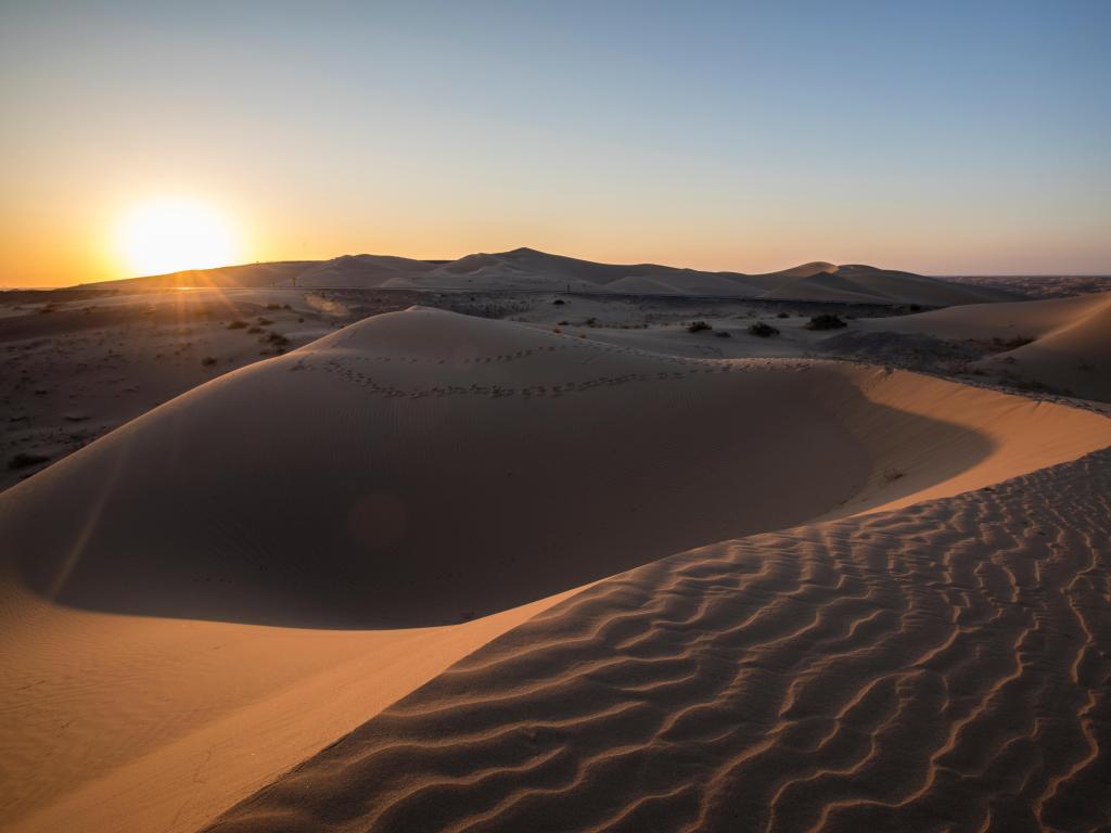 Sunrise at the Imperial Sand Dunes near Yuma, Arizona. Clear blue sky, sunrise hues, and flowing forms in the sand.
