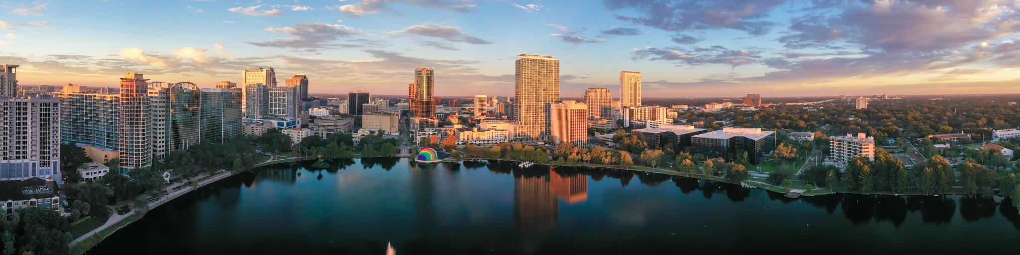 Orlando, Florida, USA taken from a drone shot at sunrise showing downtown Orlando.