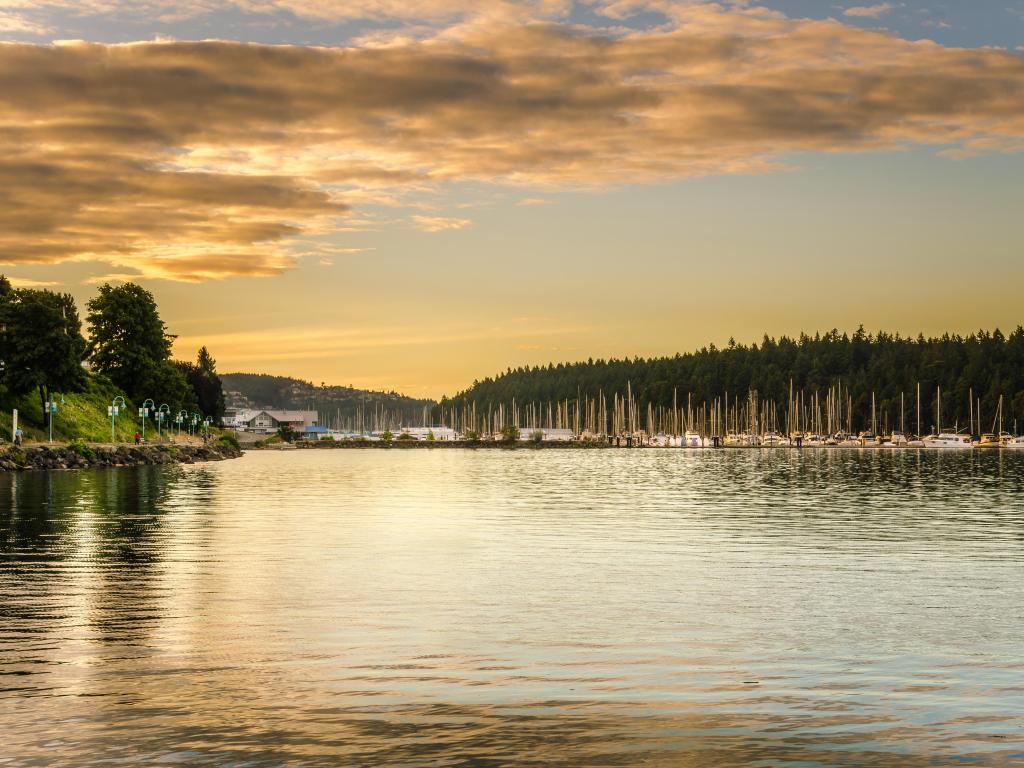 Nanaimo harbor at sunset, clouds in the sky