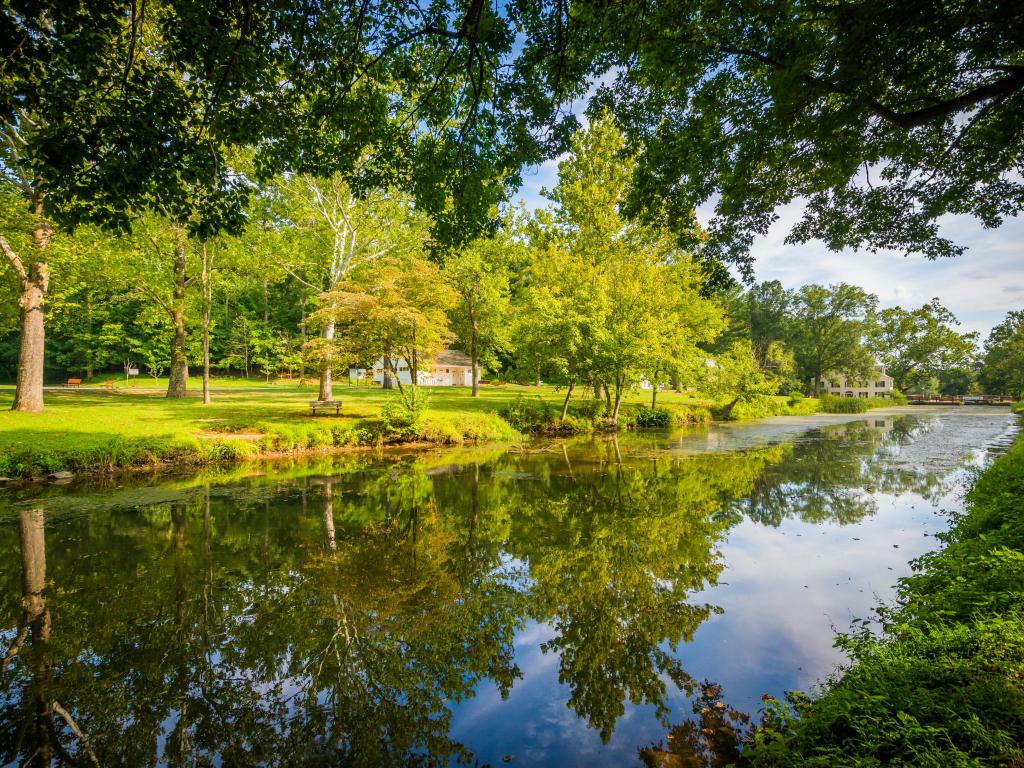 The tree-lined C & O Canal, at Chesapeake & Ohio Canal National Historical Park, Maryland on a sunny day.