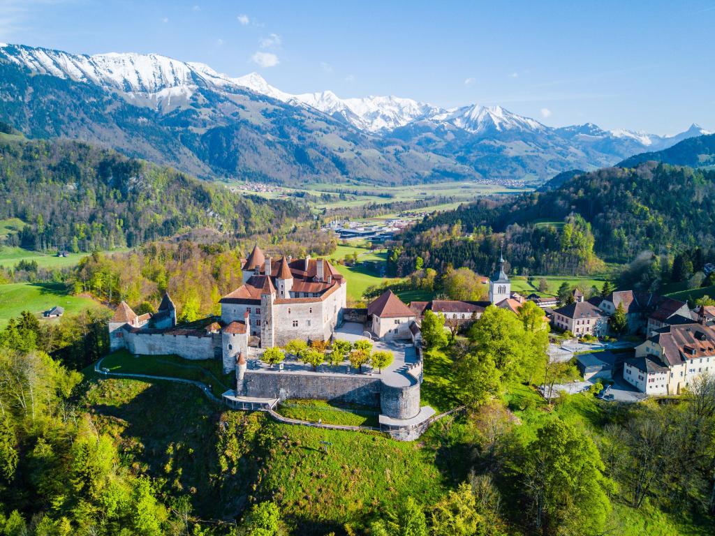 Aerial View of the Medieval Town of Gruyeres, Famous Castle of Gruyeres, Canton of Fribourg, Switzerland