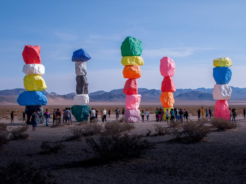 The Seven Magic Mountain a seven installed stacked boulders in the desert of Las Vegas.