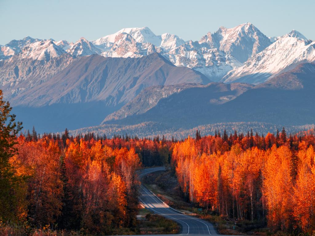 View of Denali, Mt Foraker and the Alaska range from the Parks Highway 