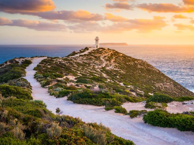 Cape Spencer Lighthouse in Innes National Park in South Australia during sunset