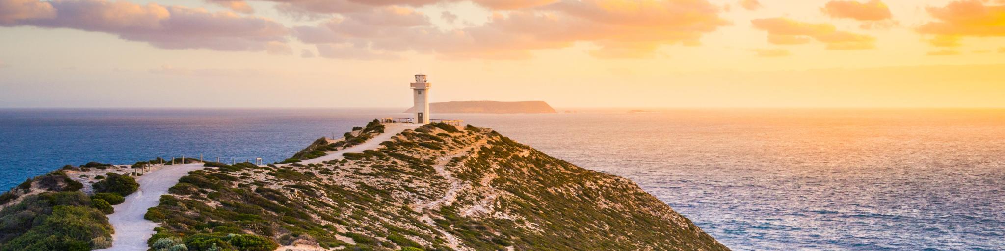 Cape Spencer Lighthouse in Innes National Park in South Australia during sunset