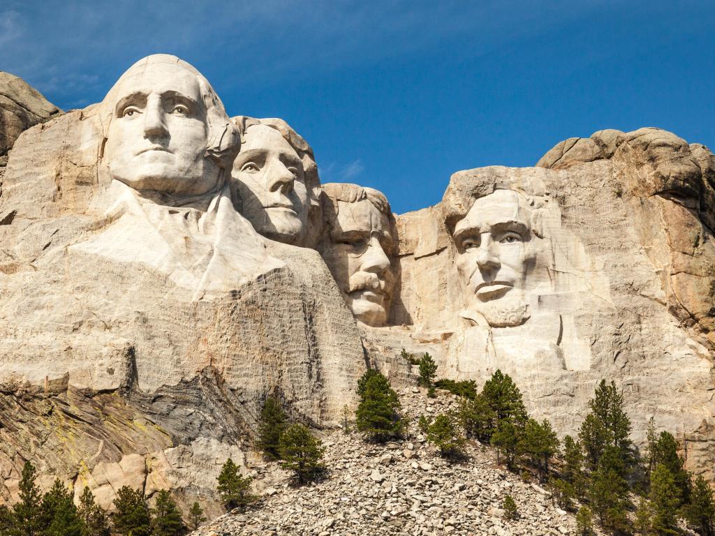 Mount Rushmore National Monument in the Black Hills of South Dakota, USA on a sunny day.