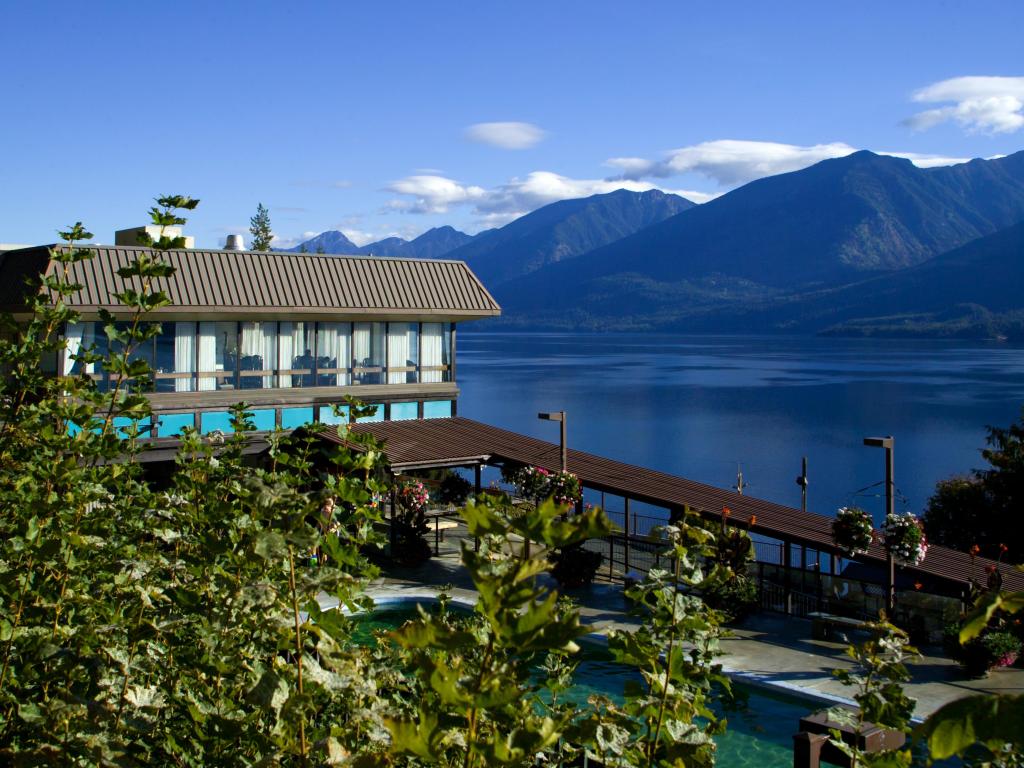 The view from the balcony of the resort down to the hot springs pool and onto the lake