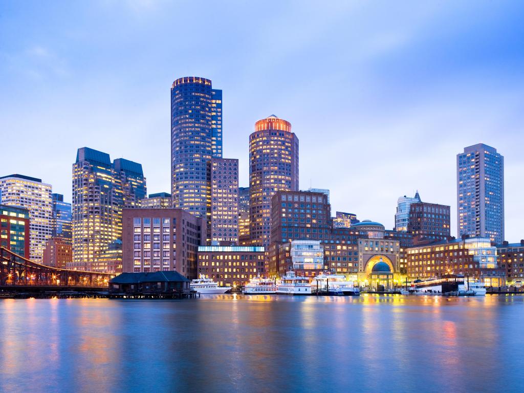 Skyline and Harbour at Dusk, Boston, Massachusetts, USA