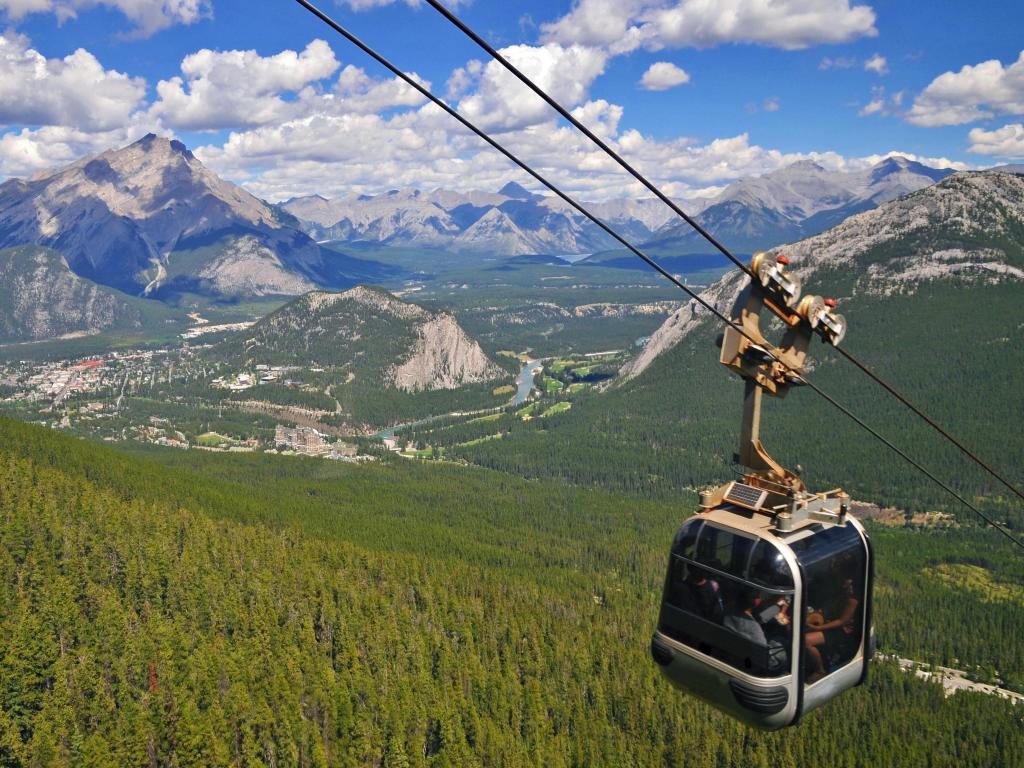 Sulphur Mountain Gondola cable car in Banff National Park in the Canadian Rocky Mountains overlooking the town of Banff.