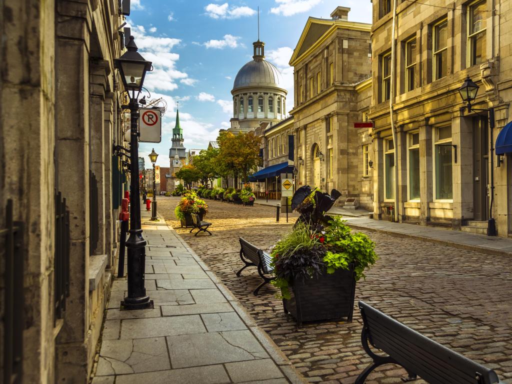 Montreal, Quebec, Canada taken at early summer morning at old Montreal with its cobblestone streets and historic buildings.