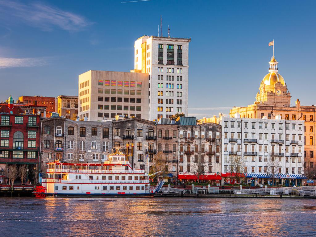 Savannah, Georgia, USA riverfront skyline.