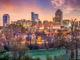 Raleigh, North Carolina, USA skyline taken at early evening with the city skyline in the background and a park and trees in the foreground.