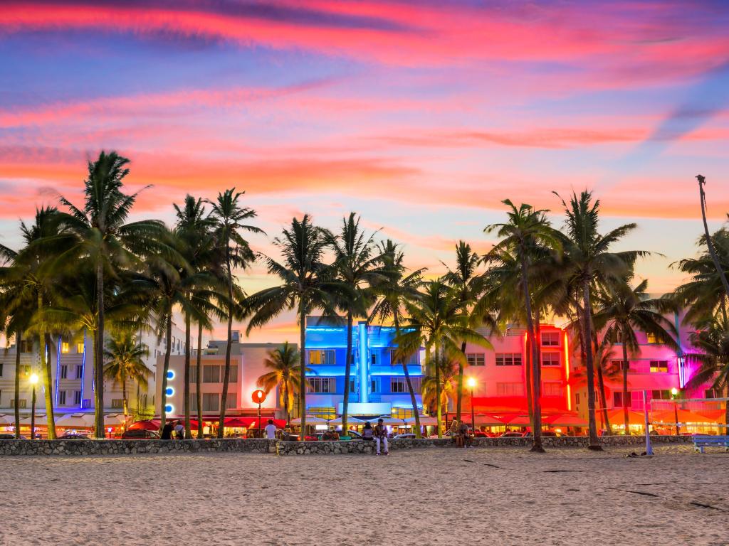 Miami Beach, Florida, USA on Ocean Drive at sunset.