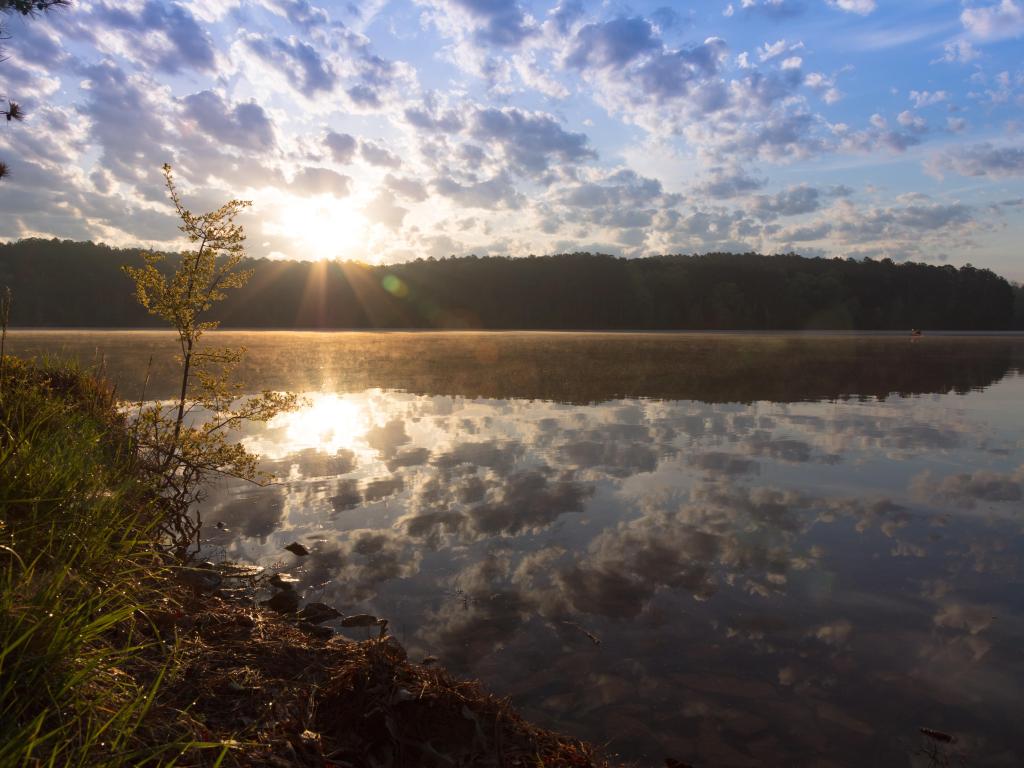 Sunrise over Pin Oak Lake at Natchez Trace State Park, Pin Oak Lodge.