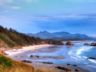 Cannon Beach overlook from Ecola State park at sunset, along the rugged coastline