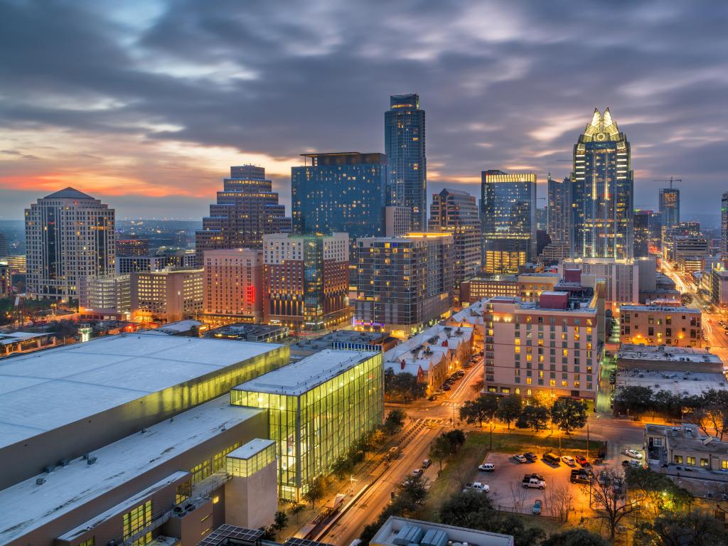Austin, Texas, USA downtown cityscape at dusk.