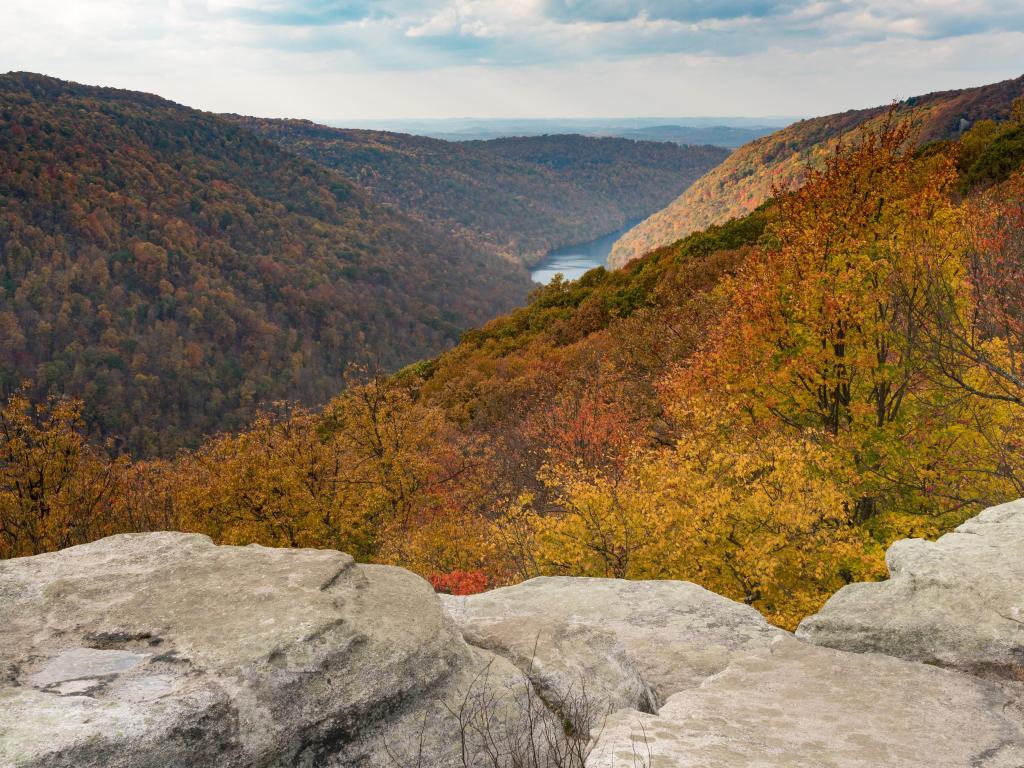 View of hills covered with fall trees from Raven Rock overlook at Coopers Rock State Forest, West Virginia.
