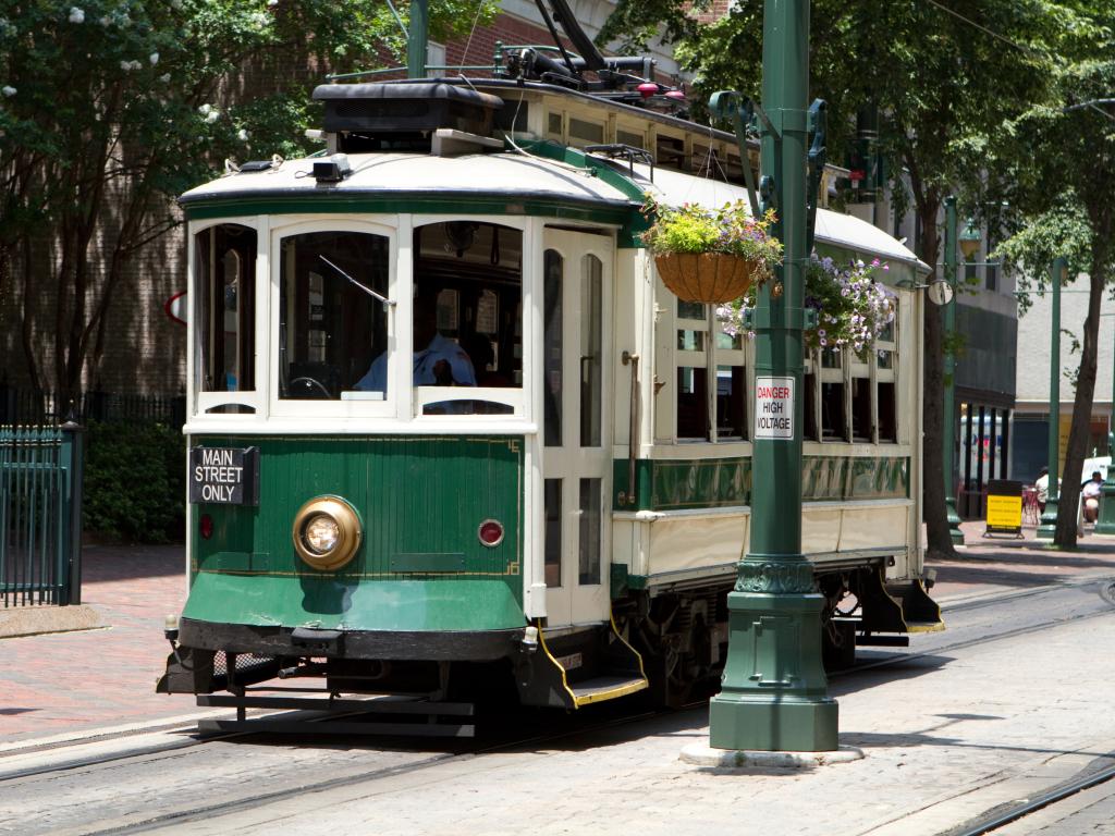 An electric trolley going down Main Street in Memphis, Tennessee