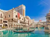 The pool of the famous Venetian Hotel with gondolas on a sunny day
