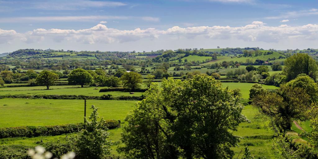 Rolling hills and green fields in the Mendip Hills, Somerset 