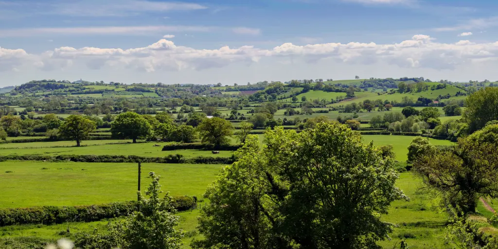 Rolling hills and green fields in the Mendip Hills, Somerset 
