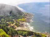Cape Perpetua, Oregon with fog rolling over the tree-lined mountains, a calm sea and a quiet beach. 