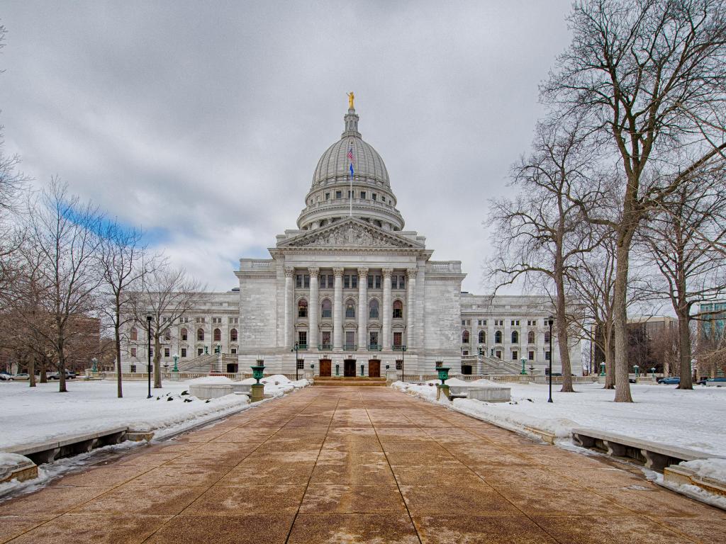 Exterior of the Wisconsin State Capitol building in the Winter.