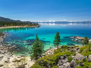 A bay with a sandy beach, clear blue water and pine trees. In the distance across the lake are mountains.