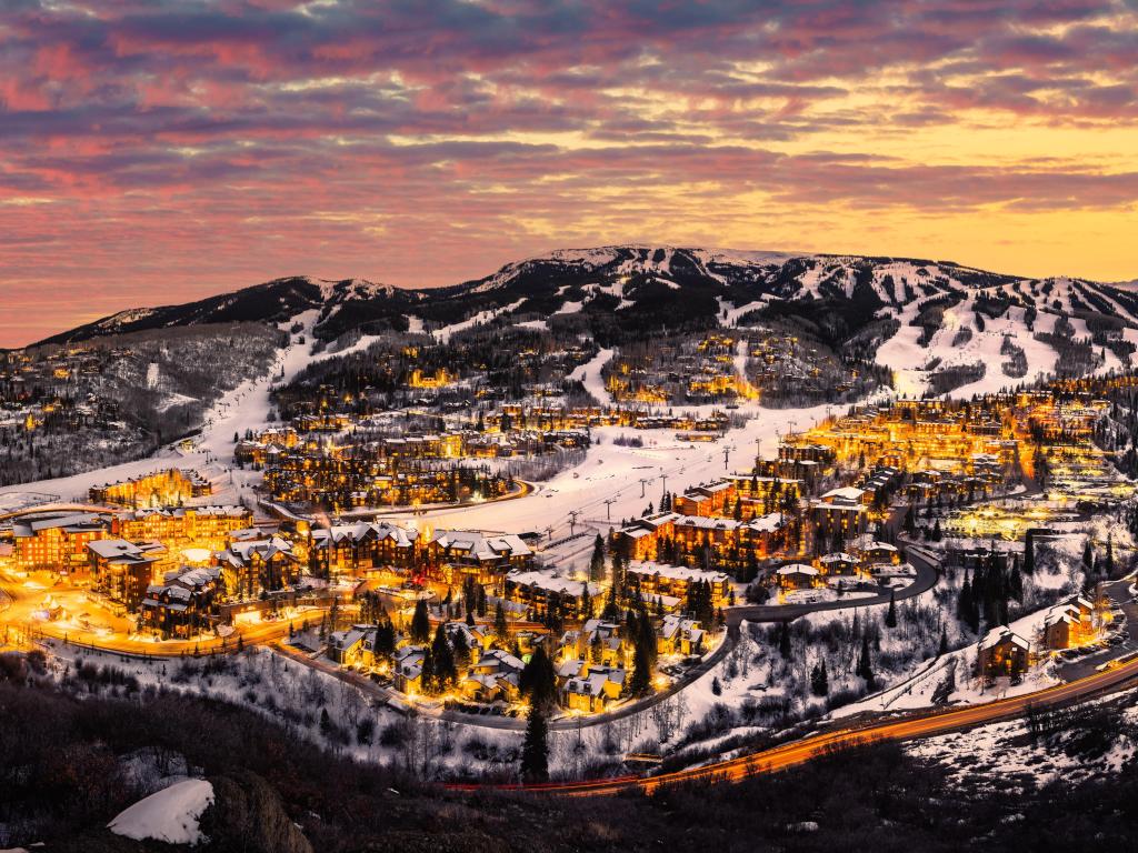 Snowmass Village skyline with sunset and ski slopes