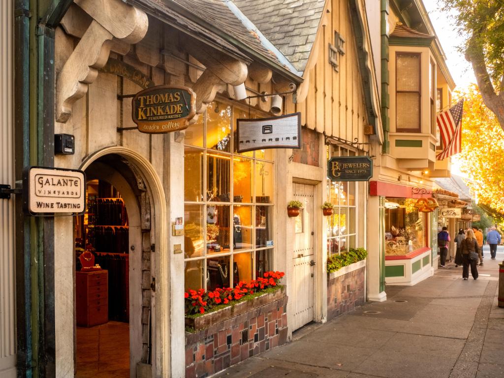 Small stores along the sidewalk in Carmel, California, USA.