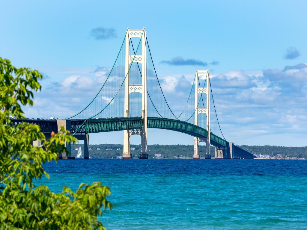 The Mackinac Bridge on a summer day with puffy clouds in the sky