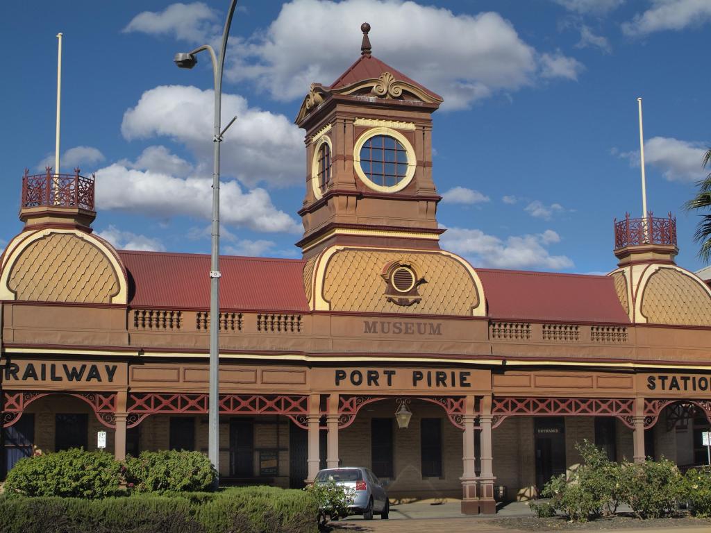 Old railway station of the city in South Australia, now used as museum on a sunny day